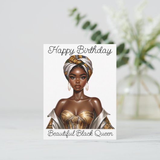 Gelukkige verjaardag, mooie, zwarte koningin, mela briefkaart (Staand voorkant)