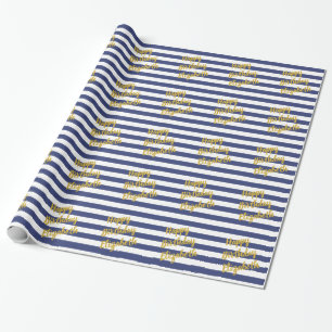 Gelukkige Verjaardag Naam Goud Script Blauw Witte  Cadeaupapier