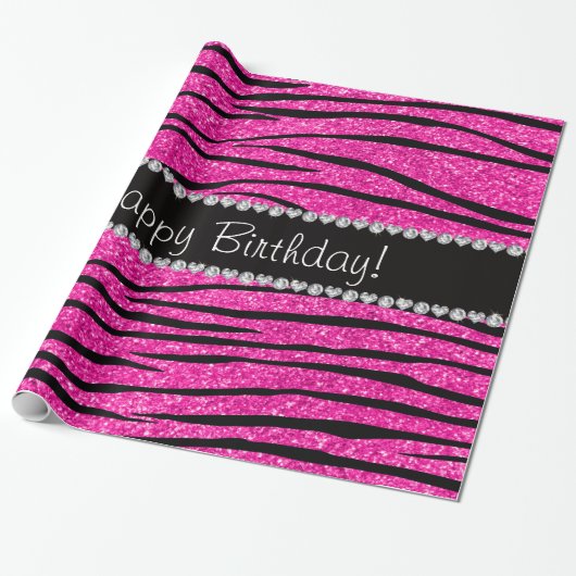 Gelukkige verjaardag neon heet roze glitter zebra  cadeaupapier (Uitgerold)