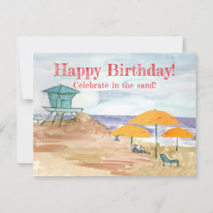 Gelukkige verjaardag oceaan vieren in het zand briefkaart