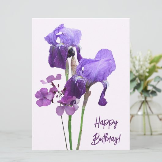 Gelukkige verjaardag paarse iris bloemen boho tren feestdagenkaart (Staand voorkant)