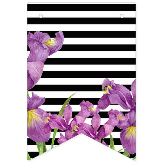 Gelukkige Verjaardag Paarse Iris Zwart Witte Strep Vlaggetjes (Eerste vlag)