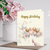 Gelukkige Verjaardag - Pastel Floral-Gold Baloons Kaart