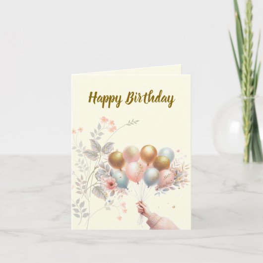 Gelukkige Verjaardag - Pastel Floral-Gold Baloons Kaart (Voorkant)