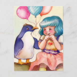 Gelukkige verjaardag pinguïn en meisje briefkaart