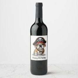 Gelukkige Verjaardag Pirate Engels Bulldog Skull Wijn Etiket