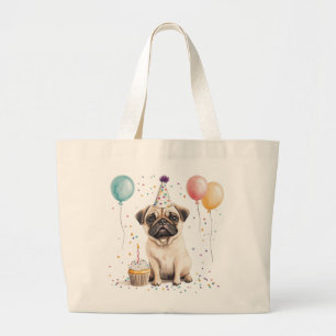 Gelukkige verjaardag Pug Hond Grote Tote Bag