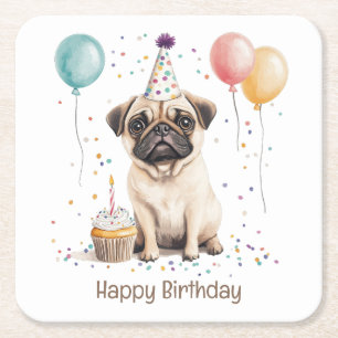 Gelukkige verjaardag Pug Hond Vierkante Kartonnen Onderzetter