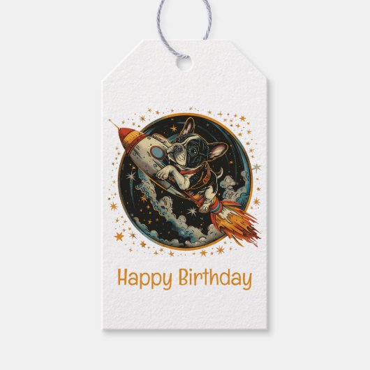 Gelukkige Verjaardag Raketschip Franse Bulldog Cadeaulabel (Voorkant)