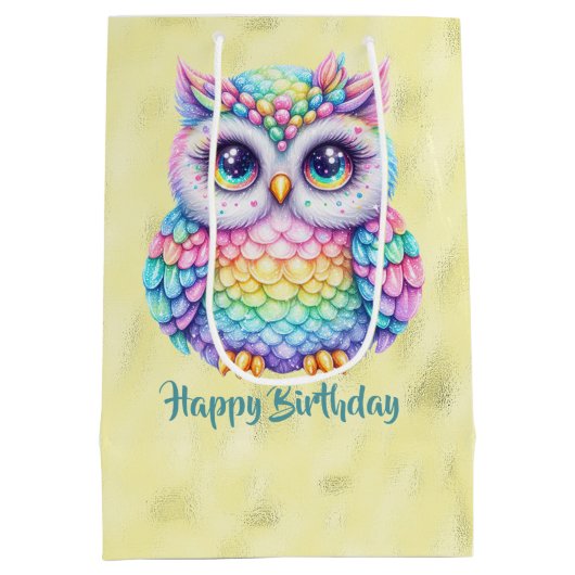 Gelukkige Verjaardag Regenboog Kleur Uil op Glanze Medium Cadeauzakje (Achterkant)