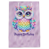 Gelukkige Verjaardag Regenboog Kleur Uil op Paarse Medium Cadeauzakje (Achterkant)