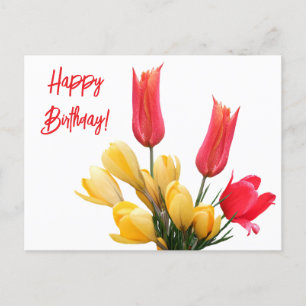 Gelukkige Verjaardag rode tulp gele krokus bloemen Briefkaart