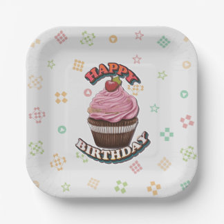 Gelukkige Verjaardag Roze Cherry Cupcake Verjaarda Papieren Bordje