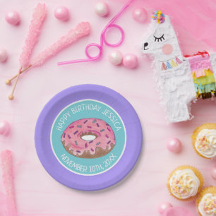 Gelukkige Verjaardag Roze Donut Doughnut Dag Meisj Papieren Bordje