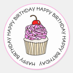 Gelukkige verjaardag Roze en Vanille Cupcake Ronde Sticker