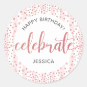 Gelukkige Verjaardag Roze Glitter Script Witte Str Ronde Sticker (Voorkant)