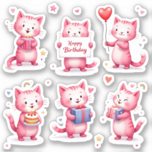 Gelukkige Verjaardag - Roze Katten - Cake Balloons Sticker