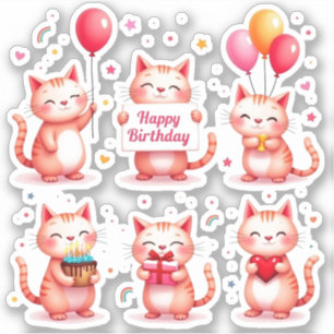 Gelukkige Verjaardag - Roze Katten - Cake Balloons Sticker