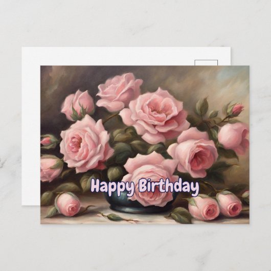 Gelukkige Verjaardag Roze Rozen in Vaas Briefkaart (Voorkant / Achterkant)