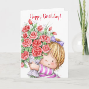 Gelukkige verjaardag, schattig meisje met bos bloe kaart