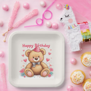 Gelukkige verjaardag Schattige teddybeer met roze Papieren Bordje