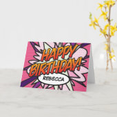 GELUKKIGE VERJAARDAG Stripboek Pop Art Roze Kaart (Gele Bloem)