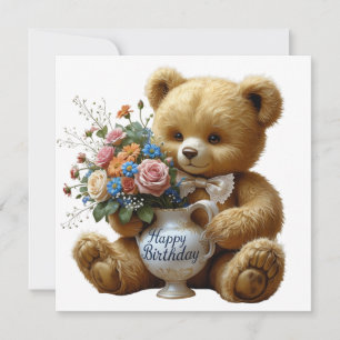 Gelukkige Verjaardag Teddybeer met Bloemen Kaart