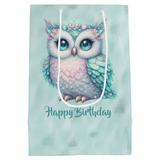 Gelukkige Verjaardag Turquoise Uil op Glanzende Aq Medium Cadeauzakje (Achterkant)
