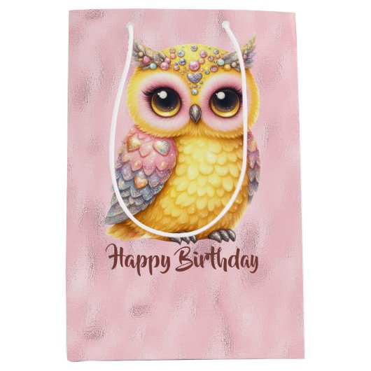 Gelukkige verjaardag veelkleurige Uil op Roze Medium Cadeauzakje (Voorkant)