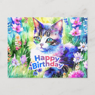 Gelukkige verjaardag waterverf kat en bloemen briefkaart