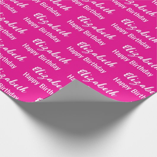 Gelukkige Verjaardag Wit Script Naam Hot Pink Cadeaupapier (Hoek)