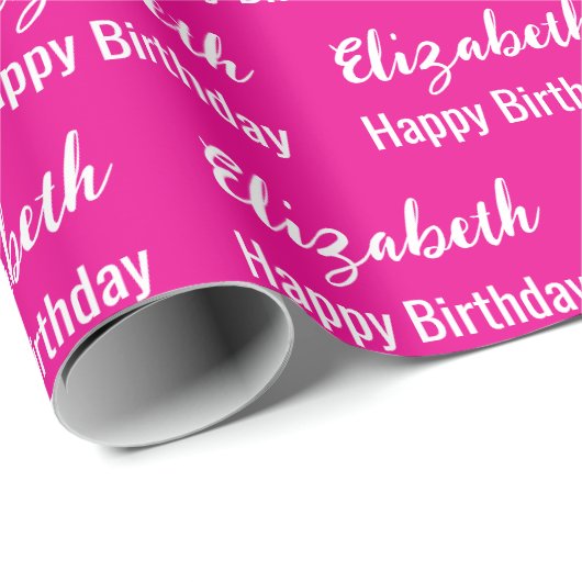 Gelukkige Verjaardag Wit Script Naam Hot Pink Cadeaupapier (Rol Hoek)
