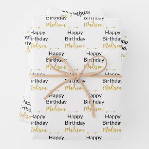 Gelukkige Verjaardag Wit Zwart en Goud Script Naam Inpakpapier Vel