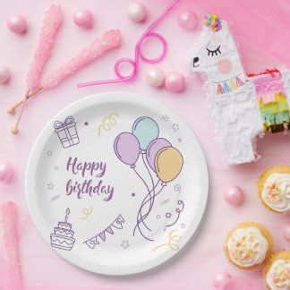 ✨ Gelukkige Verjaardag Wonderland – Pastel Ballon Papieren Bordje