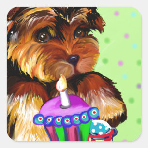 GELUKKIGE VERJAARDAG YORKIE POO VIERKANTE STICKER