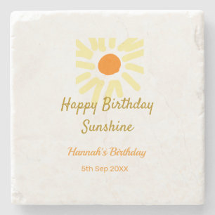 Gelukkige verjaardag zonneschijn geel oranje verja stenen onderzetter
