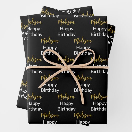 Gelukkige Verjaardag Zwart Wit en Goud Script Naam Inpakpapier Vel (In situ)