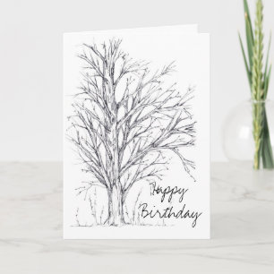 Gelukkige Verjaardag Zwart Wit Tree Line Art Teken Kaart