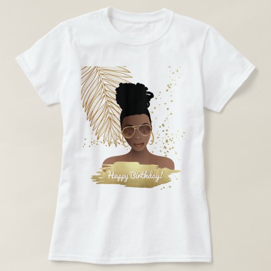 Gelukkige verjaardag, zwarte vrouw, tropisch goude t-shirt (Design voorkant)