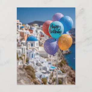 Gelukkige Verjaardagsballonnen in Santorini, Griek Feestdagenkaart