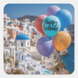 Gelukkige Verjaardagsballonnen in Santorini, Griek Vierkante Sticker