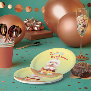 Gelukkige Verjaardagshond met Cake Papieren Bordje