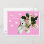 Gelukkige Verjaardagskaart Teddybeer en roze roos Briefkaart (Voorkant / Achterkant)