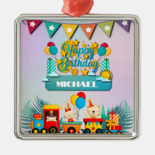 Gelukkige Verjaardagstrein met Leuke Dieren Wensen Metalen Ornament