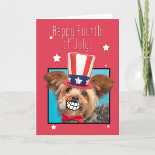 Gelukkige Vierde Juli Glimlachende Yorkie Dog Humo Feestdagen Kaart