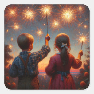 Gelukkige Vierde Kinderen met Sparklers Gepersonal Vierkante Sticker