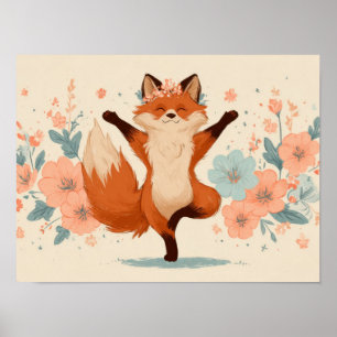 Gelukkige Vos met Bloemen – Cute Whimsische Dieren Poster