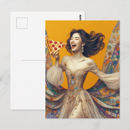 Gelukkige Vrouw Met Pizza Kleurrijk Uniek Briefkaart (Voorkant / Achterkant)