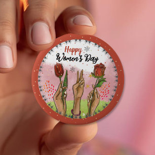 Gelukkige Vrouwendag Rode Knop Handen die Tulpen v Ronde Button 4,0 Cm