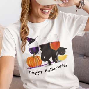 Gelukkige Wijn Heks Halloween Zwarte Kat Bezem T-shirt